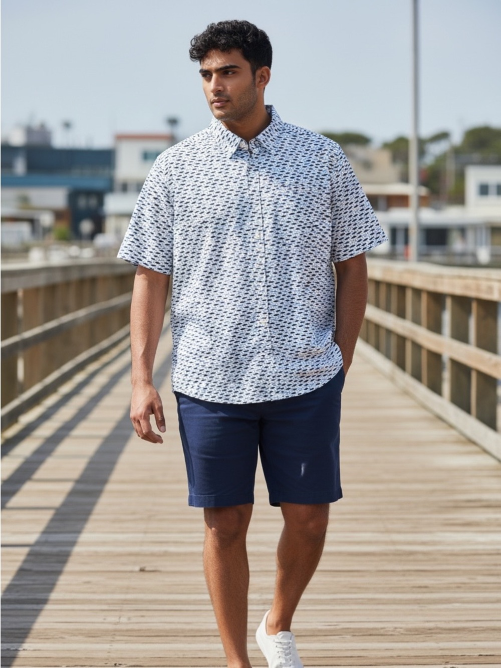 Nautica Men’s 3XL Fish Print Button Down Shirt White Blue Short Sleeve Coastal
